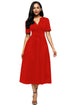 Sexy Red Split Neck Short Sleeve Midi Dress with Bowknots